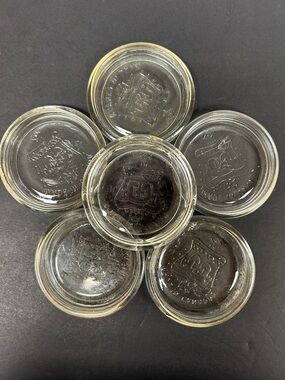 Vintage set of  six  3” clear glass CROWN  mason jar lids from 1947 , 48  & 49